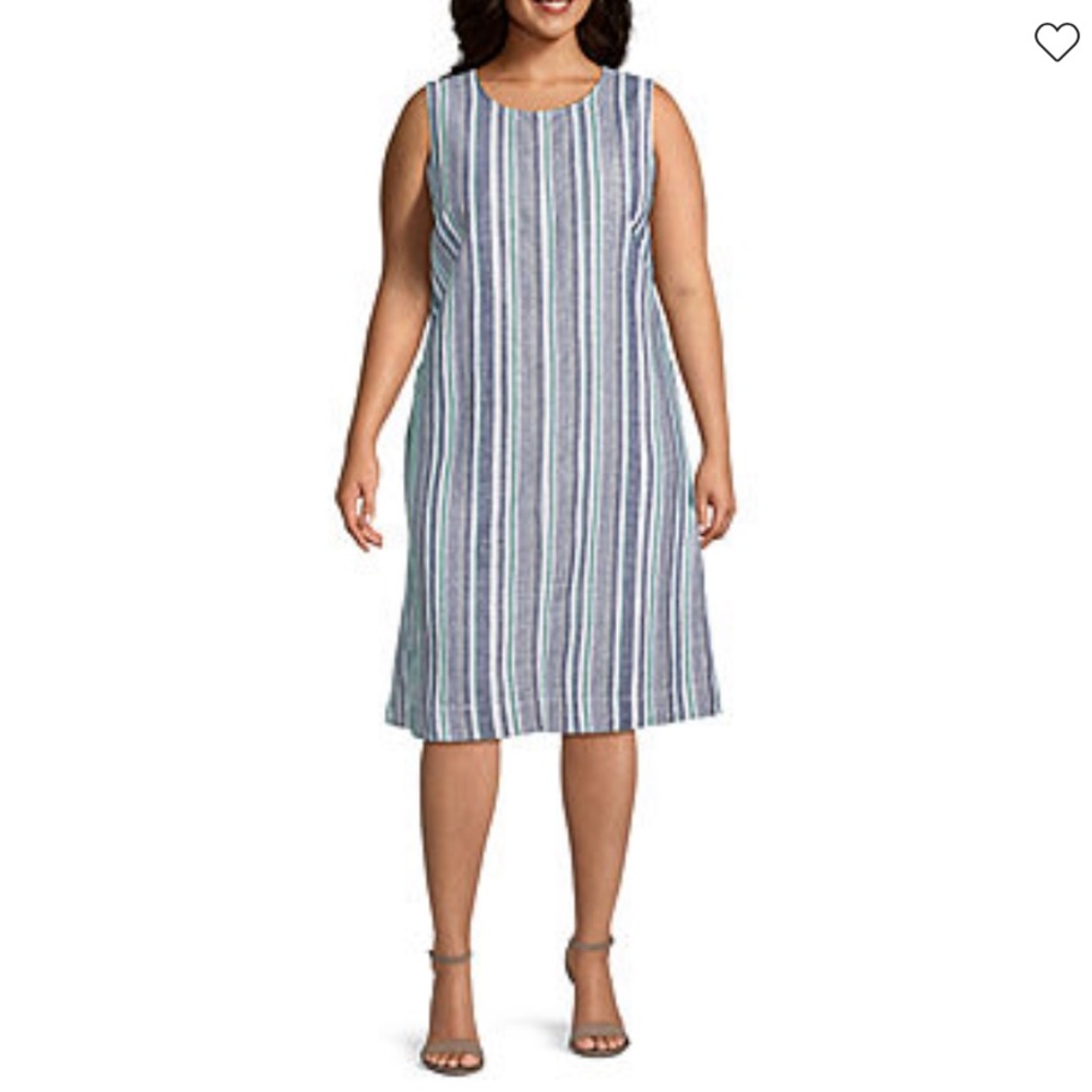 LINEN BLEND SLEEVELESS STRIPED MIDI SHIFT DRESS